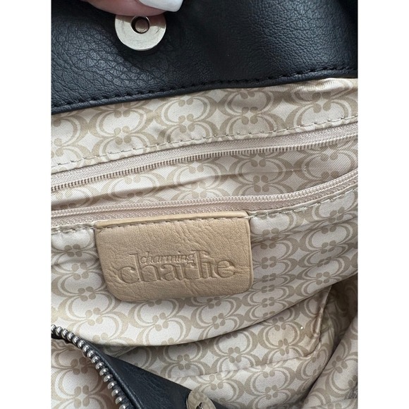 Charming Charlie Black Faux Leather Satchel Purse Tote Handbag Tassel - Picture 4 of 15